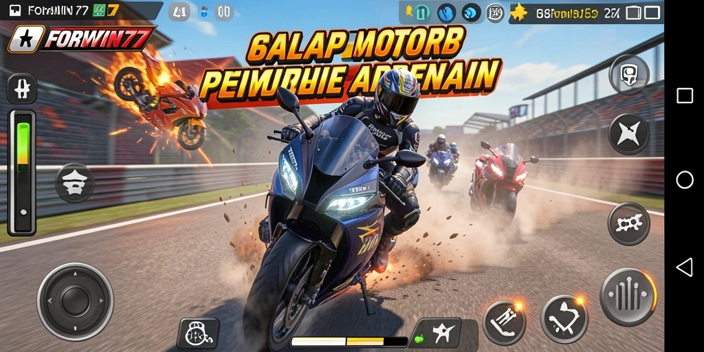 Screenshot gameplay FORWIN77 menampilkan aksi balap motor yang mendebarkan.
