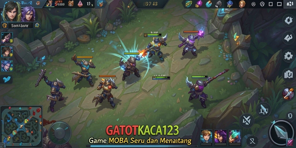 Tangkapan layar GATOTKACA123 yang menunjukkan aksi seru dalam pertempuran MOBA.