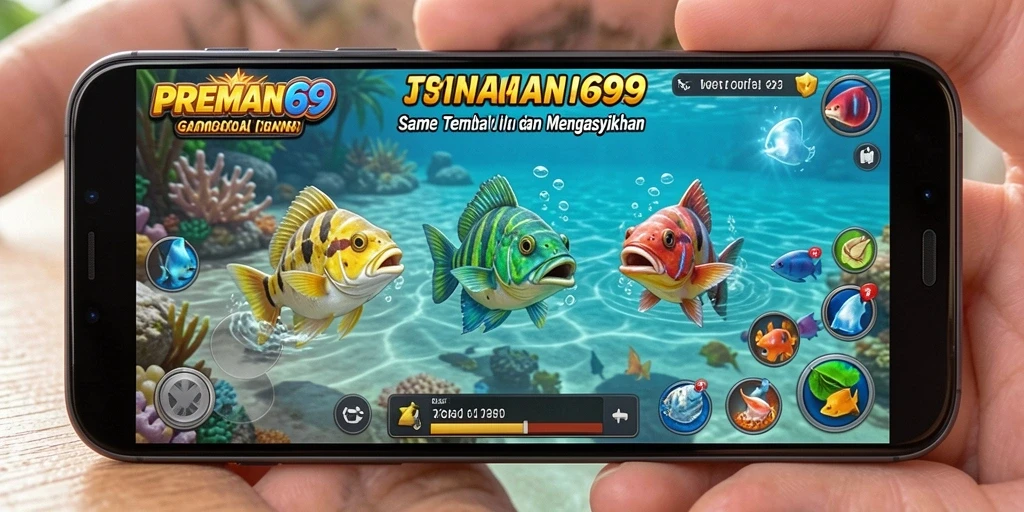Menampilkan gameplay seru saat menangkap ikan di PREMAN69.