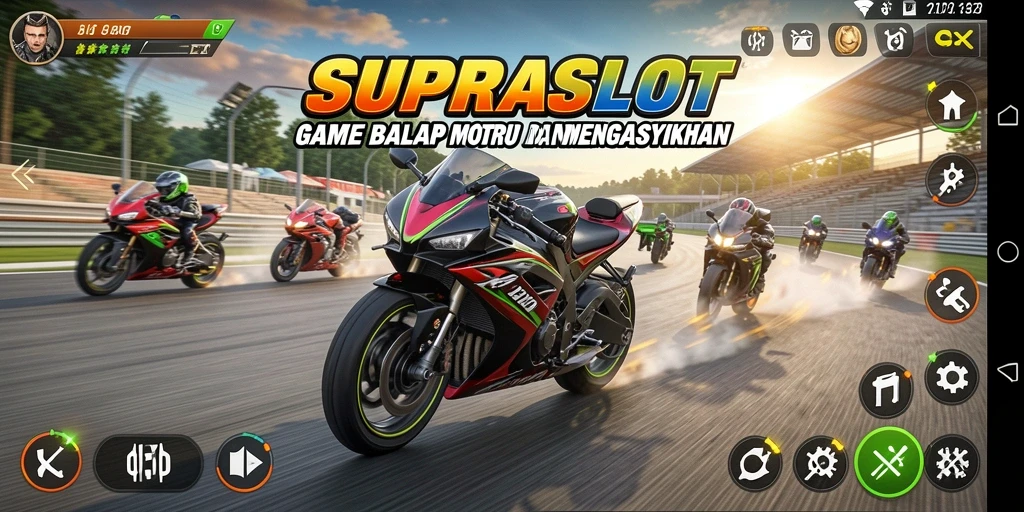 Tampilan gameplay <strong>SUPRASLOT</strong> yang menegangkan dan mendebarkan selama balapan motor.