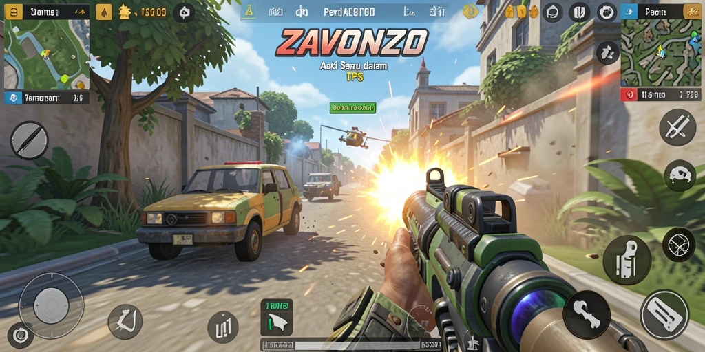 Screenshot gameplay ZAVONZO menampilkan aksi menegangkan dalam TPS.